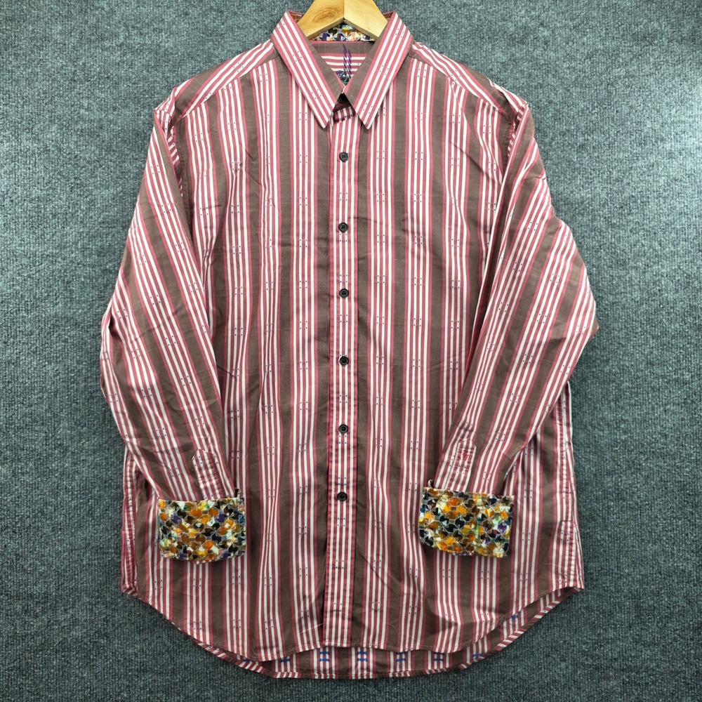 Robert Graham Mens Striped‎ Button Down Shirt Brown Pink White Contrast Cuff L